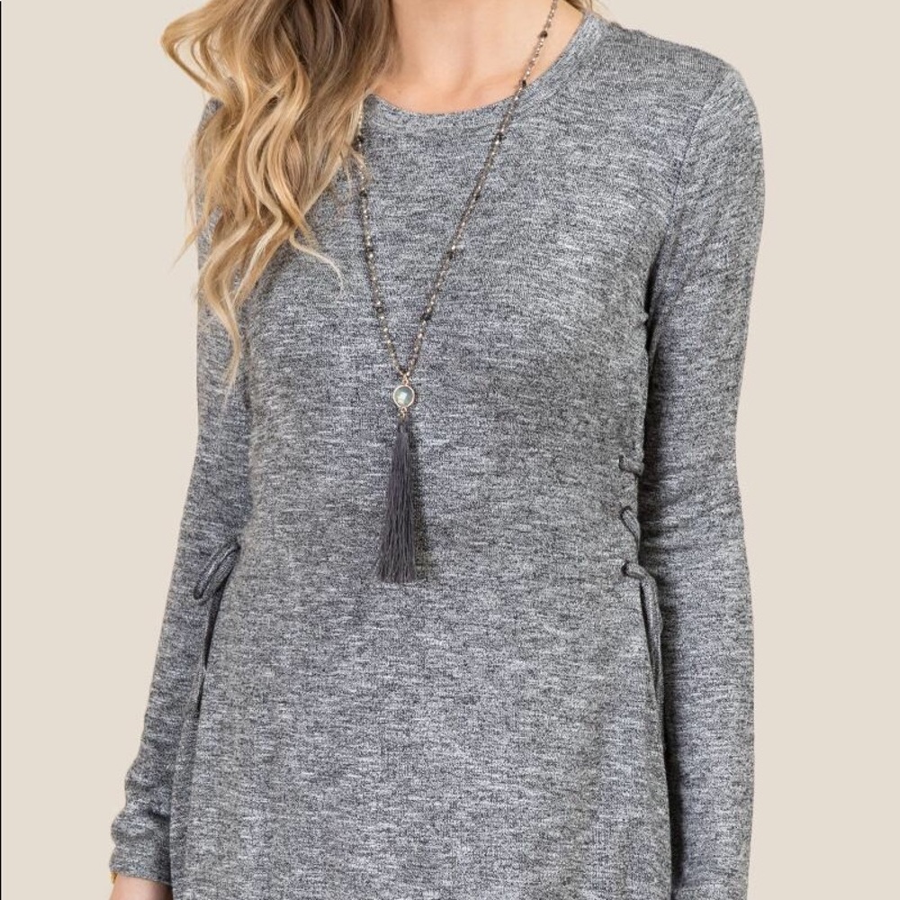 Gray lace-up sweater dress